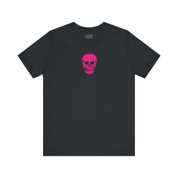 Black unisex t-shirt with a neon pink mini skull graphic centered on the chest