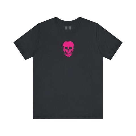 Black unisex t-shirt with a neon pink mini skull graphic centered on the chest