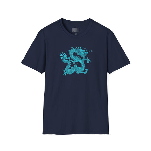 navy blue dragon t shirt with turquoise mythical serpent graphic embroidery