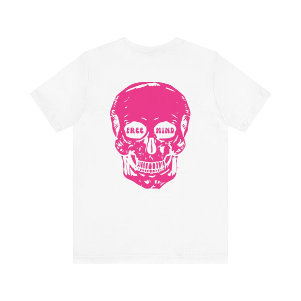 White statement streetwear tee with oversized pink skull back print featuring "FREE MIND" in eye sockets, bold statement design.