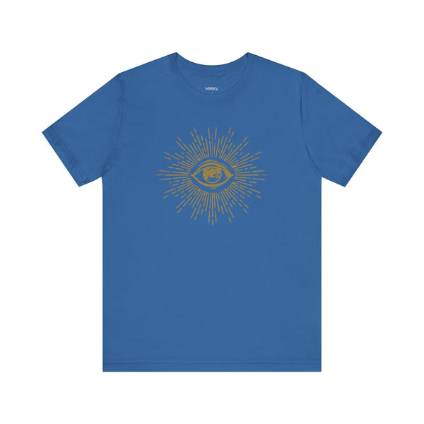 Blue third eye graphic t-shirt with gold spiritual frequency design and radiant rays, made of soft breathable cotton.