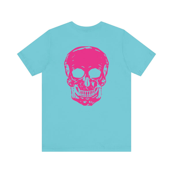 light blue punk rock tee with large hot pink skull graphic on back