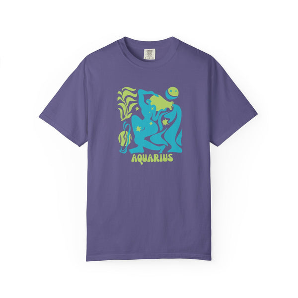 Purple Aquarius zodiac graphic tee with vibrant aqua blue and green celestial water-bearer design