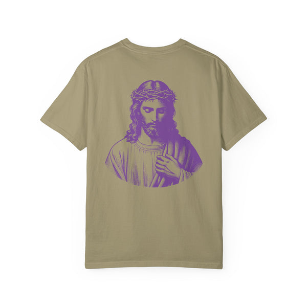 Neon yellow tee with large purple Jesus graphic on back and small purple Jesus graphic on front left.