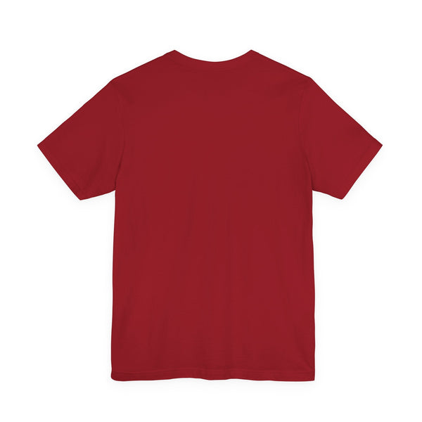Back view of plain red graphic t shirt with short sleeves and ribbed knit collar