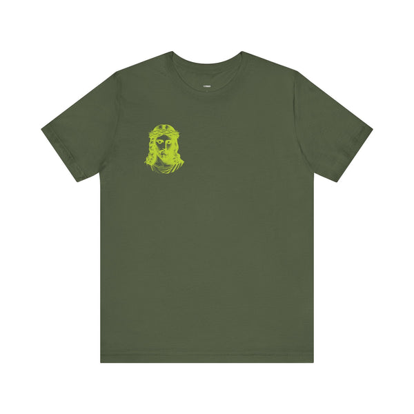 Olive green t-shirt with a mini lime green Jesus graphic on the front left chest, premium cotton fabric, streetwear style.