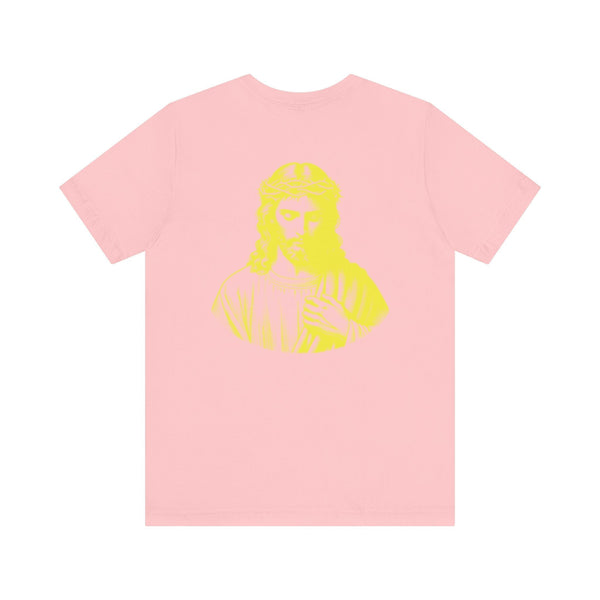 Pink Christian streetwear t-shirt with jumbo yellow Jesus graphic on the back.