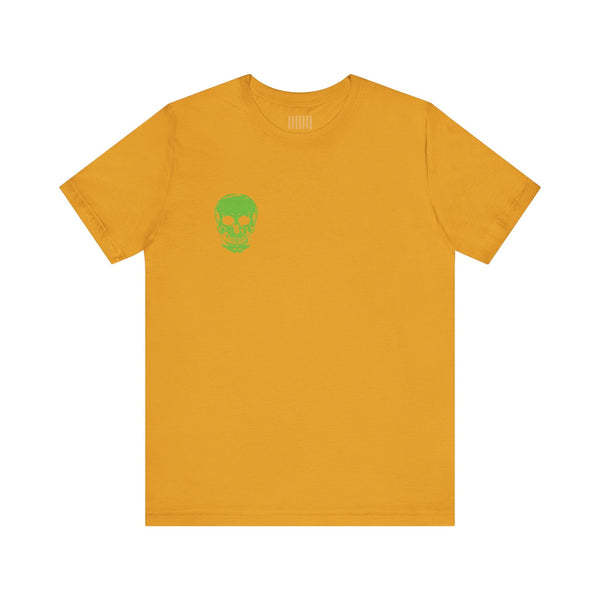 Green Jumbo Skull Back Print with Green Mini Skull Left Front Graphic Tee - Fugitive by Sandra Oles