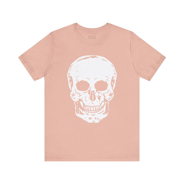 Light pink T-shirt with a large white skull graphic on the front, classic fit, and short sleeves.