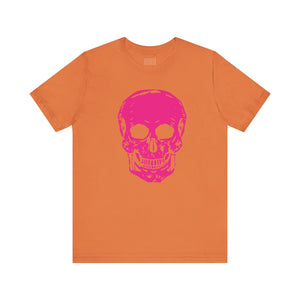 orange edgy t shirt with large neon pink skull graphic front print