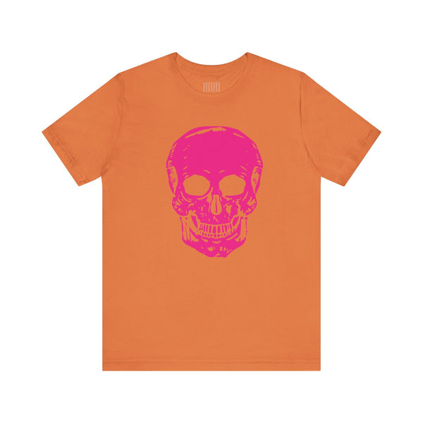 orange edgy t shirt with large neon pink skull graphic front print