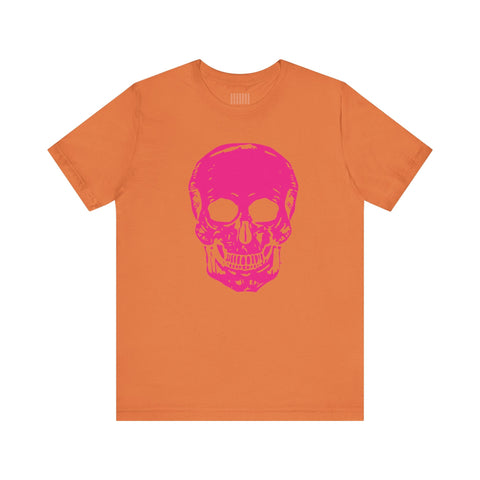 orange edgy t shirt with large neon pink skull graphic front print