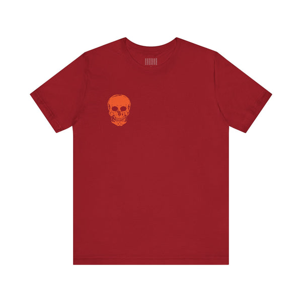 Orange Jumbo Skull Back Print featuring a Mini Orange Skull left Front Graphic Tee