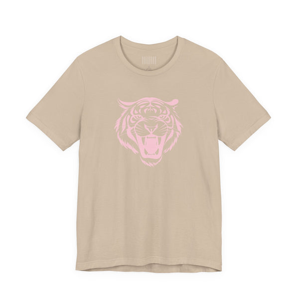 beige aesthetic t shirt with pastel pink jumbo roaring tiger head graphic, unisex casual tee