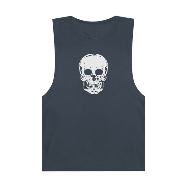 Sleeveless dark gray tank top with bold white skull graphic on front, casual streetwear style.