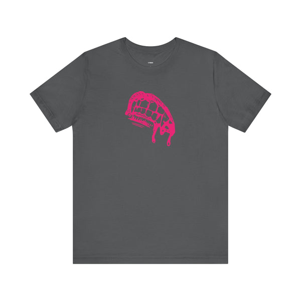 Dark gray vampire t shirt with bold pink dripping fangs graphic for edgy streetwear style