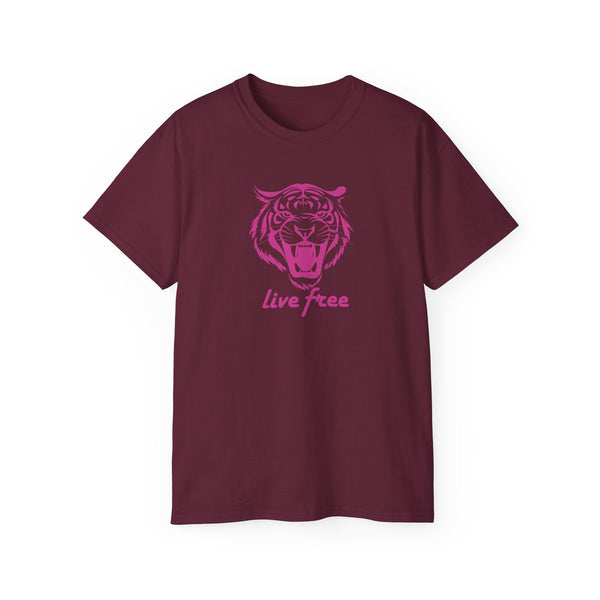 Pink “Live Free” Jumbo Retro Roaring Tiger Head Graphic Tee - Fugitive by Sandra Oles