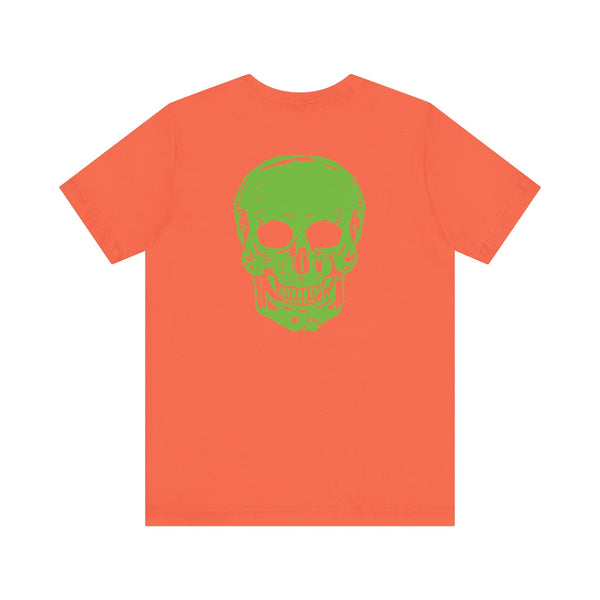 Orange tee with large neon green skull graphic on back for music festival fashion