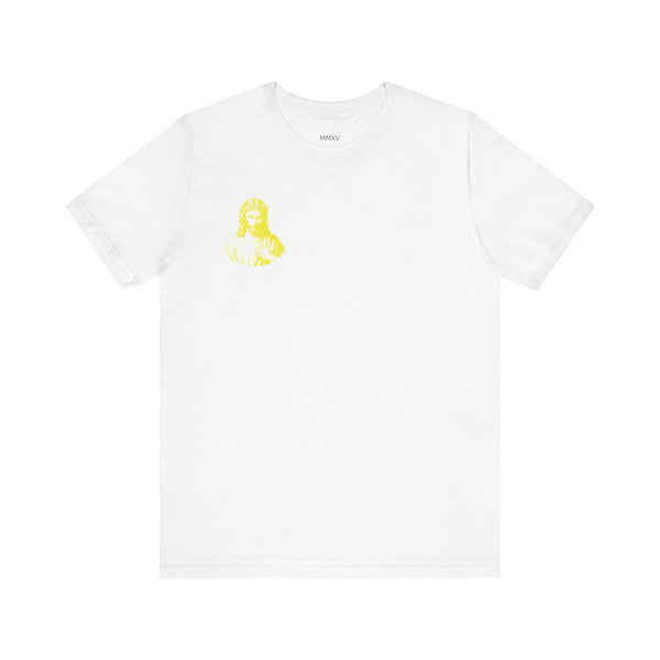 White Christian streetwear t-shirt with a small yellow Jesus print on the front left chest.