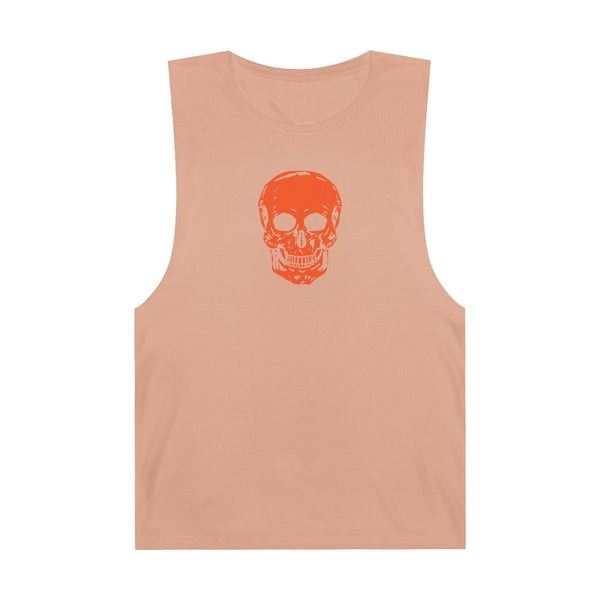 Grunge inspired orange skull graphic tank top with raw sleeve edges and ribbed collar, peach color.