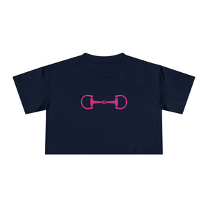 Navy blue preppy crop tee with hot pink horse bit graphic and relaxed fit