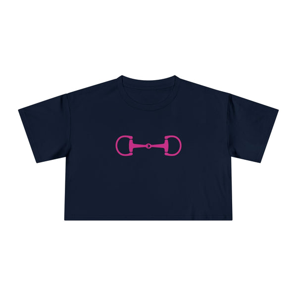Navy blue preppy crop tee with hot pink horse bit graphic and relaxed fit