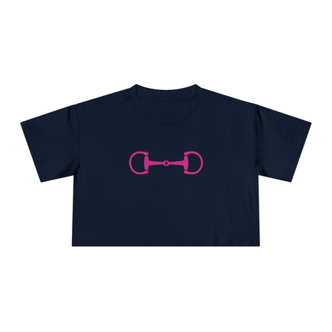 Navy blue preppy crop tee with hot pink horse bit graphic and relaxed fit