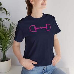 Woman wearing navy blue tee with hot pink horse bit graphic, casual equestrian clothing style