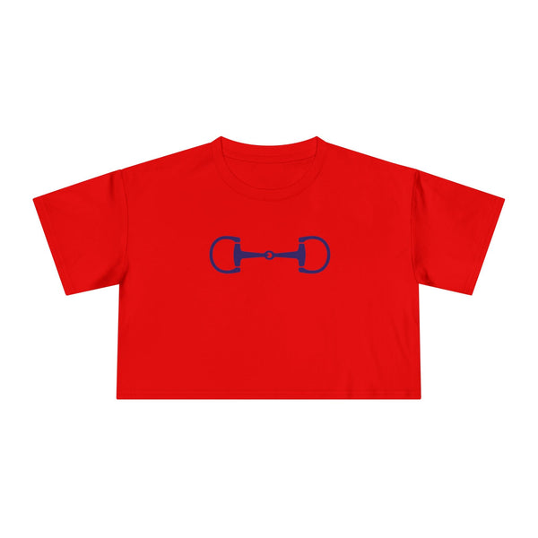 Red cropped tee with navy horsebit graphic inspired by Ivy League equestrian style