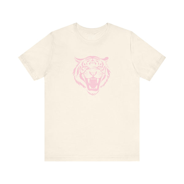 Unisex white aesthetic t shirt with pastel pink roaring tiger head graphic