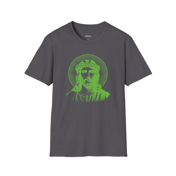 Green jumbo halo Jesus front print spiritual graphic tee on charcoal shirt