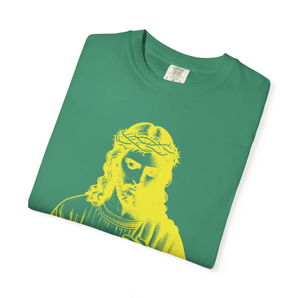Green religious graphic tee with yellow Jesus Crown of Thorns print, unisex garment-dyed cotton shirt