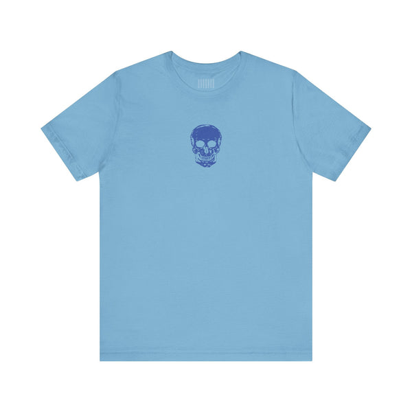blue graphic t shirt with small skull design center chest minimalist style