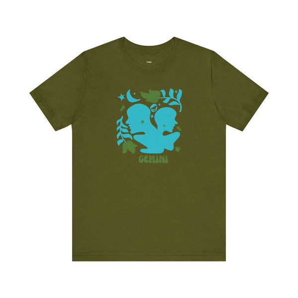 Olive green zodiac t shirt with retro blue Gemini twins graphic and cosmic elements, made of breathable cotton.