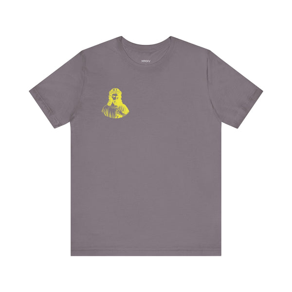 Gray Christian streetwear t-shirt with mini yellow Jesus print on front left chest.
