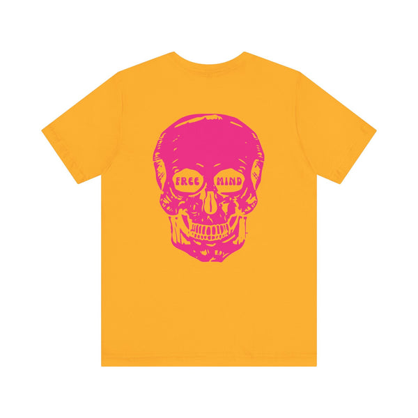 Yellow graphic tee with bold pink jumbo skull back print and "Free Mind" text, statement streetwear design