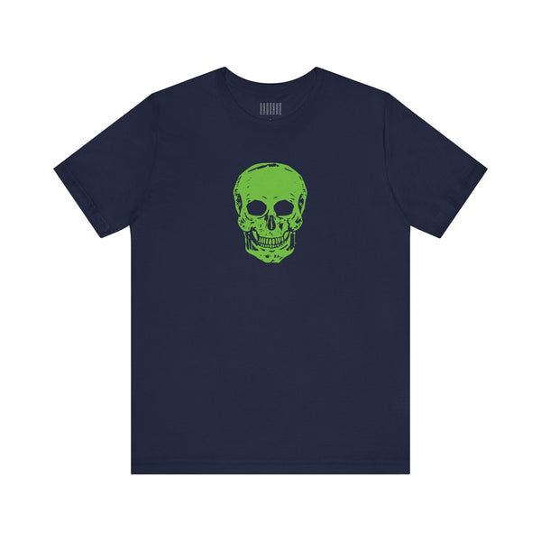 Navy tee with bright green skull graphic, skull streetwear style.