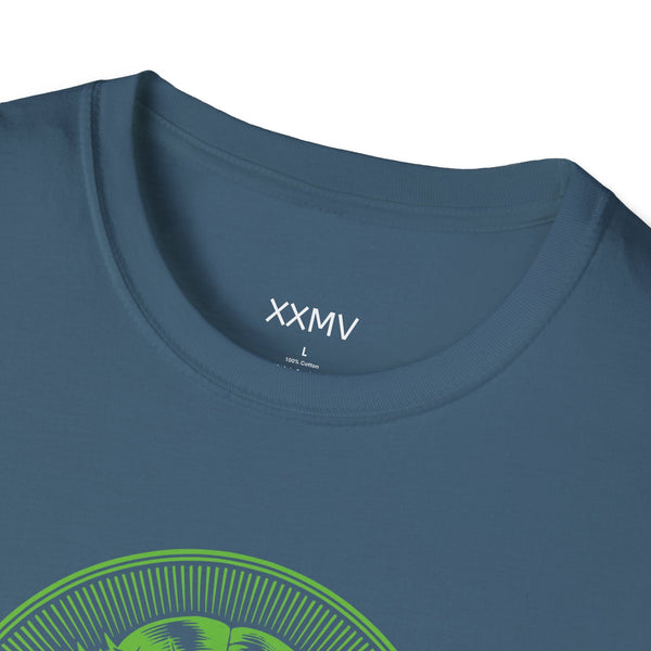 close-up of green spiritual shirt with jumbo halo Jesus front print on softstyle unisex tee