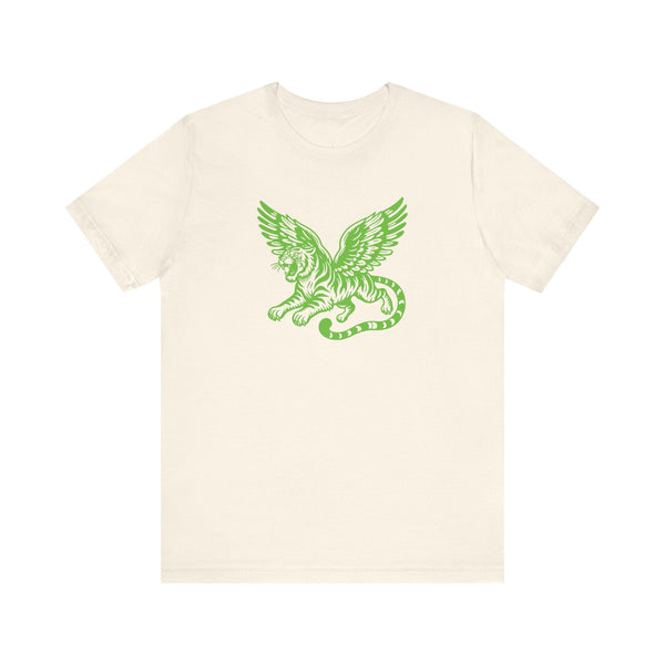 Unisex cream tee with neon green winged tiger graphic front print, soft breathable cotton