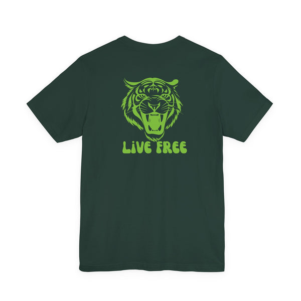 green vintage tiger graphic tee with roaring tiger and live free text back print