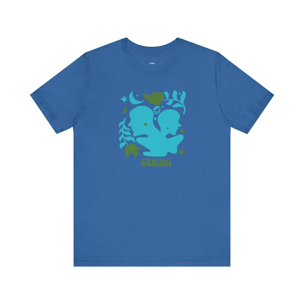 Blue zodiac t shirt featuring a retro Gemini twins astrology graphic design