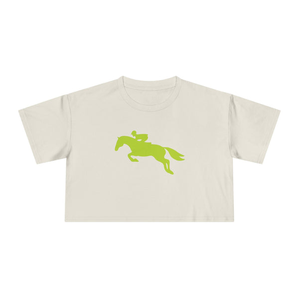 Cropped beige t shirt with green hunter jumper horse and rider graphic, made of soft breathable cotton.