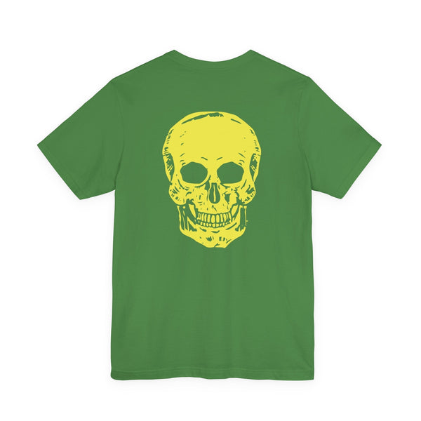 Green underground style t-shirt with a large yellow skull graphic on the back