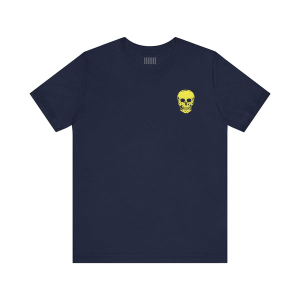 Navy streetwear tee shirt with small yellow skull graphic on left chest, unisex cotton mini skull design
