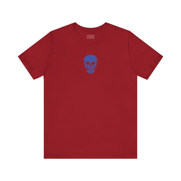 Red graphic t shirt with small blue skull design by Sandra Oles
