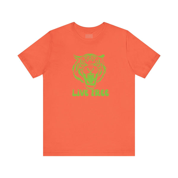 Orange t-shirt with green tiger graphic and "LIVE FREE" text front print