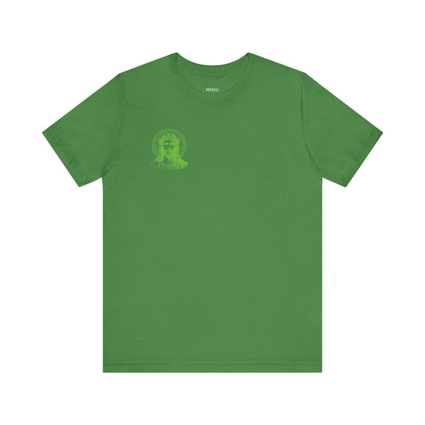 Green Jesus graphic tee with mini front print of Jesus with halo on left chest
