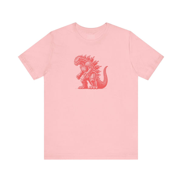 Pink kaiju t shirt with red Godzilla graphic design, classic crew neck, and short sleeves.