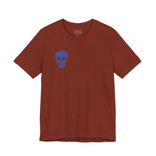 Brown graphic tee shirts with small blue skull print on front left chest
