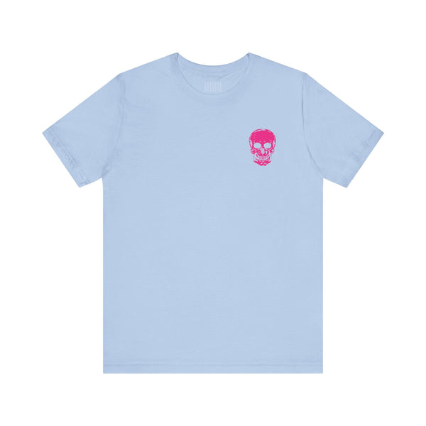 Light blue punk rock tee with small hot pink skull on front chest